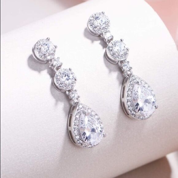 Sterling Silver CZ Teardrop Bride Earrings - Picture 2 of 7